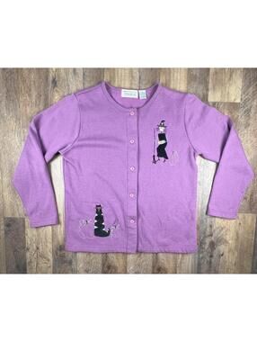 VTG Shenanigans Halloween Witch Black Cat Purple Cardigan Fleece Small Vintage .